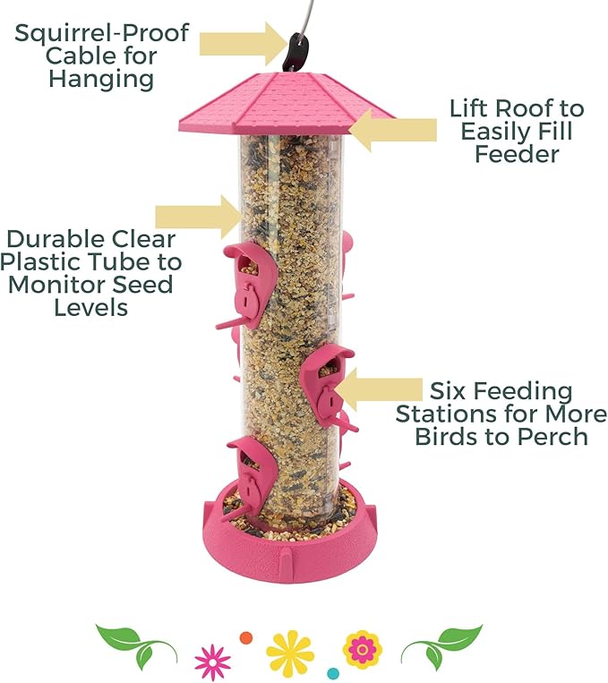 North States Village Collection - 2-in-1 Hinged-Port Birdfeeder Fiesta Pink: Hanging Bird Feeder for Outdoors, Holds 1.75 Pounds of Seed