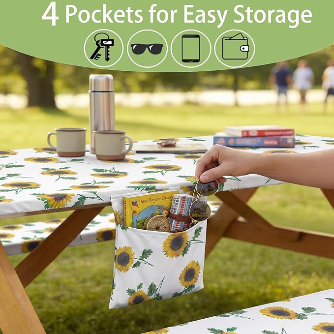 Fitted Waterproof Picnic Table Cover with Bench Covers Heavy Duty Elastic Outdoor Camping Tablecloth for 6 Foot Rectangle Tables Summer Rv Accessories Patio Garden Road Trip Essentials Gifts