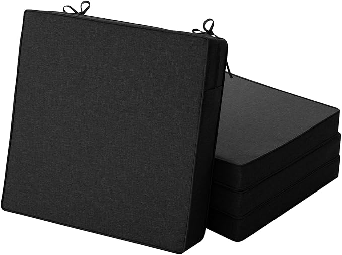 Outdoor Chair Cushions, Water-Resistant & Fade-Resistant, Patio Furniture Seat Replacement Chair Pads with Ties Zipper, Removable Cover, Non-Slip Bottom, Set of 4, 18.5 x 16 Inch, Black