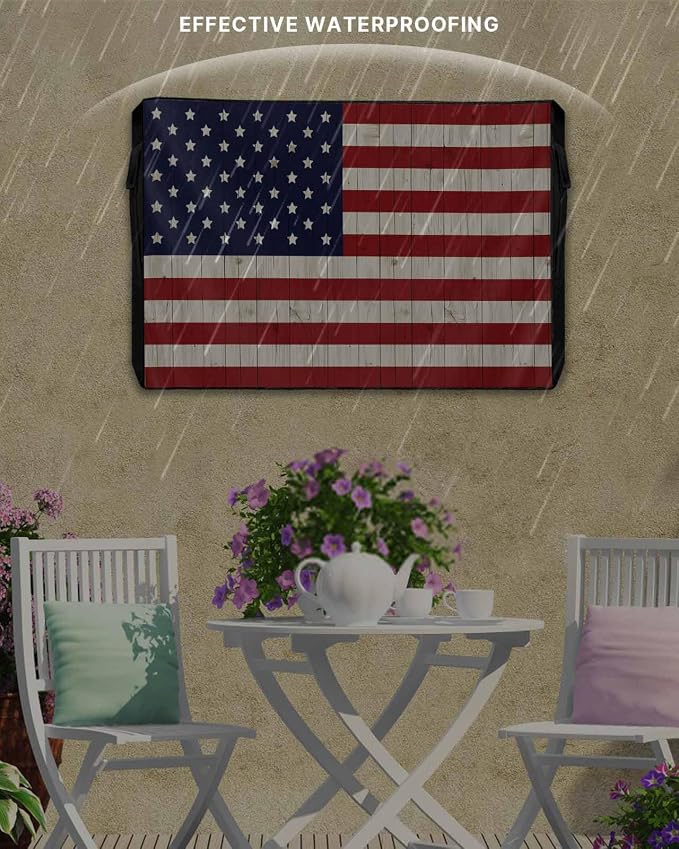 Outdoor TV Cover for Outside Flat Screen,American Flag on Wood Plank,600D Thick Waterproof Weatherproof Outdoor TV Screen Protector with Zipper for 40 to 43 Inch Flat Screens