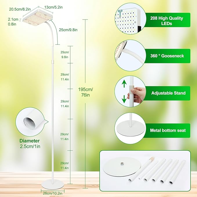 Floor Lamp Grow Light, Bright Grow Lights with Stand for Tall Plants, Bonsai Tree, 4/8/12/16/20H Timer, 25 Watt Power Draw, NO Need Adapter, 24"-76" Height, Daisy Chain Function