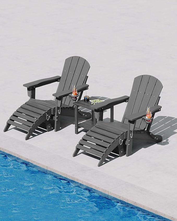 GarveeLife Folding Adirondack Chair Set of 2 with Ottoman, All-Weather HDPE Outdoor Chair, Wooden Textured with Cup Holder for patios, Decks, Gardens, fire pits, Grey
