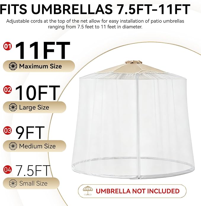 9-11 FT Outdoor Mosquito Netting for Patio, Windproof Universal Umbrella Mosquito Net for Patio Garden Backyards, Polyester Mesh Outdoor Umbrella Screen with Zipper (White)