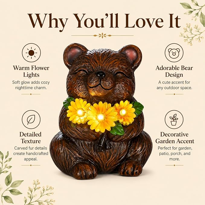Solar Garden Statues Bear with Daisy and LED Lights Birthday Gifts for Women Mom Grandma Solar Outdoor Cat Decor for Outside,Outdoor Solar Lights for Yard, Garden and Patio, Unique Gift for Women