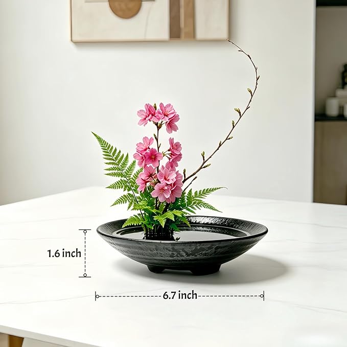 6.7inch Japanese Ikebana Vase Kit Floral Frog Bowl Flower Container with Kenzan - 1.57inch Black Flower Frog, 6.7inch Bowl Vase