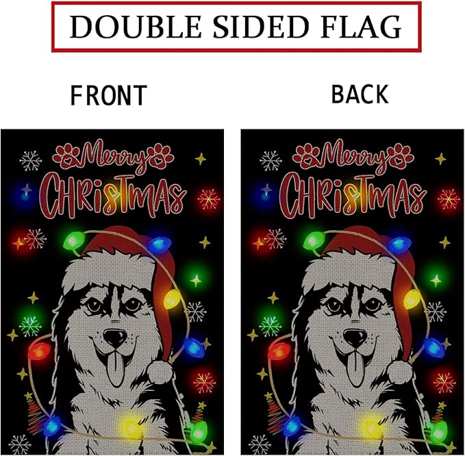 Christmas Dog Garden Flag - Led Husky Christmas Decor for Outside, Welcome Garden Flags Double-Sided Flag for Seasonal Christmas Winter Farmhouse Yard Lawn Decoration Gifts 12x18 inches