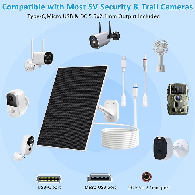 FUTUREZEN Solar Panel for Security Camera, 10W Solar Charger with DC 5.5x2.1mm, USB-C & Micro USB Port, IP66 Waterproof, 360° Adjustable Mount, 7.2FT Cable (2 Pack, White)