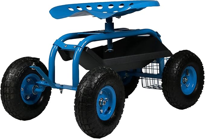 Sunnydaze Rolling Garden Cart with Seat - Garden Stool with Wheels and Adjustable 360-Degree Swivel Seat - Utility Tool Tray and Storage Basket - Blue