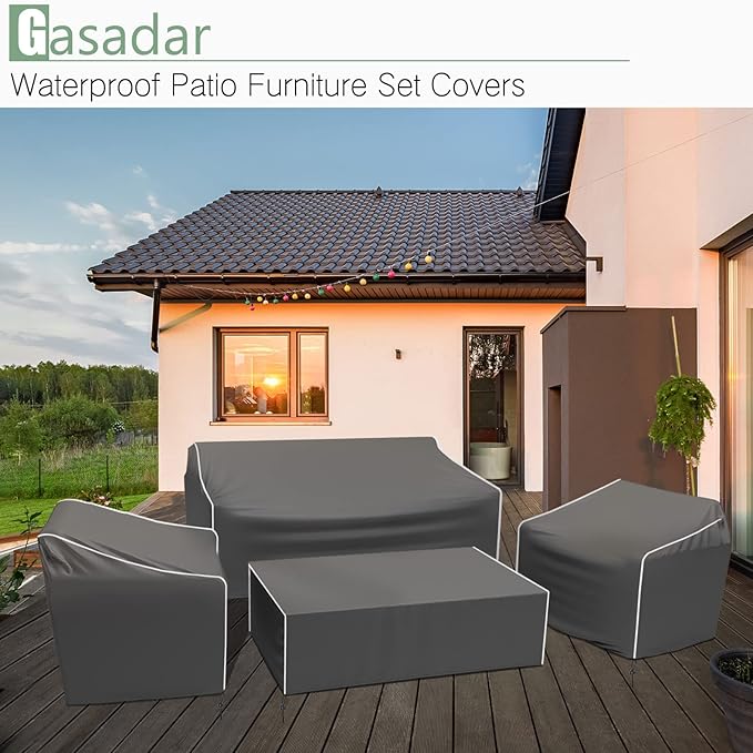 Gasadar Patio Furniture Cover 4-Piece Set, Heavy Dut 600D Outdoor Furniture Cover Waterproof for Lawn Patio Chairs, Loveseat and Coffe table, Grey