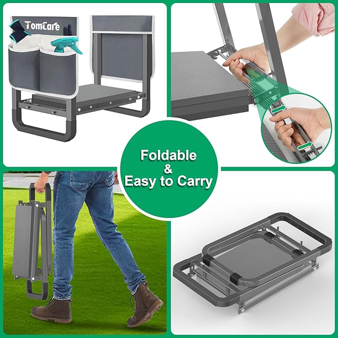 TomCare Garden Kneeler and Seat 11.14” Wider Larger Soft Kneeling Pad Garden Bench with 2 Large Tools Pouches Heavy Duty Foldable Garden Stool Gardening Gifts for Women Men Gardeners Seniors,Gray