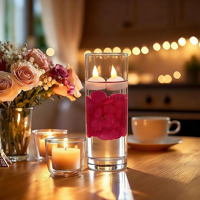 24 Pack Flameless Led Floating Candles and Floating Artificial Flower Battery Operated Waterproof Tea Lights for Cylinder Vases Centerpieces at Wedding, Party, Pool Decor Rosered