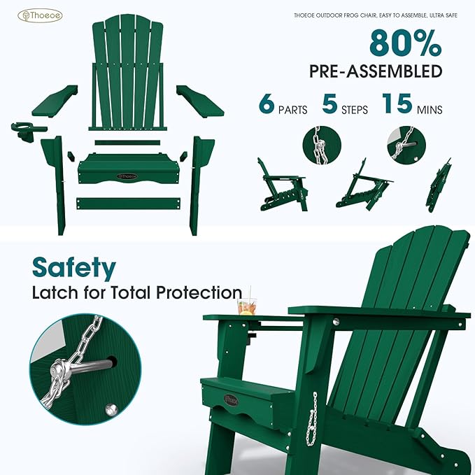 THOEOE Folding Adirondack Chair Set of 8, HDPE All-Weather Outdoor Chair with Cup Holder, Wooden Textured, Fire Pit Chair, Plastic Patio Chair for Deck, Backyard, Garden, Lawn, Green