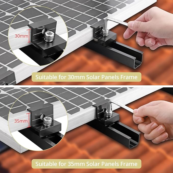 Anbte Solar Panel Bracket Kit, 6 Pcs 7.87 in Aluminium Solar Panel Mounting Rail 30mm/35mm Solar Panel End Clamps, Solar Panel Brackets for Metal Roof, Tin Roof, Flat Roof, Sheet Roof, Black