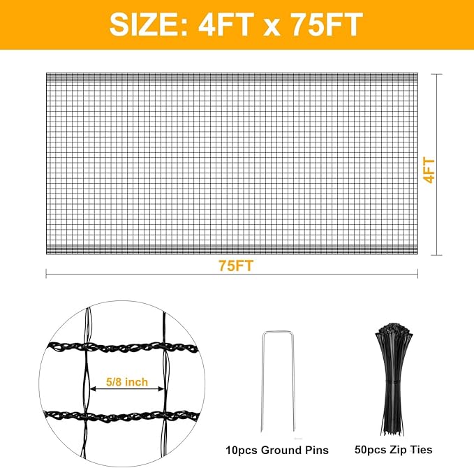 Plastic Mesh Fence 55gsm Thicker Heavy Duty Deer Fence - 4x75ft Black Plastic Fencing Roll Temporary Garden Fence Netting for Yard Protection from Deer Dog Chicken Critter Barrier, Reinforced Edges