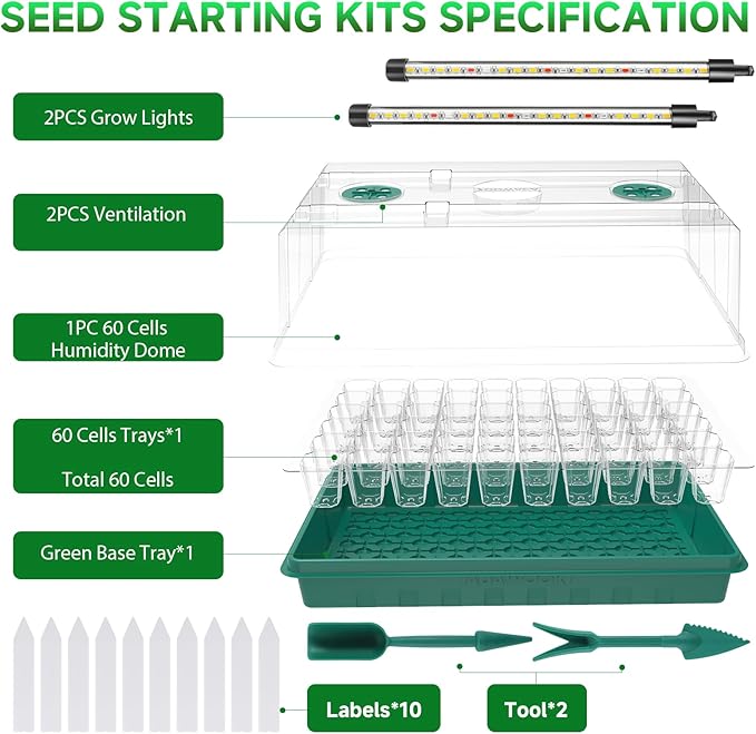 Adawook Seed Starter Trays with Grow Lights, Color Change Grow Lights for Seed Starting Kit, 3 Timming Set, Indoor Plant Growing Kit for Gardeners, Germination Trays Kits, Gardening Gifts (60 Cells)