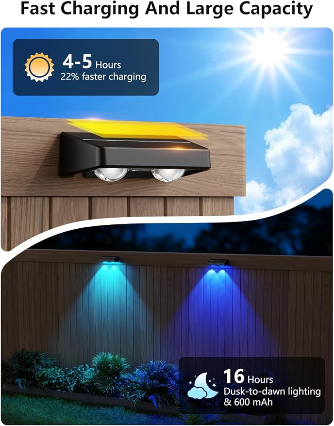 Solar Fence Lights Outdoor, 12 Pack Color Changing Fence Lights Solar Powered with 9 RGB Colors & 11 Lighting Modes, IP65 Waterproof Dusk to Dawn Fence Lights for Patio, Deck, Wall, Backyard