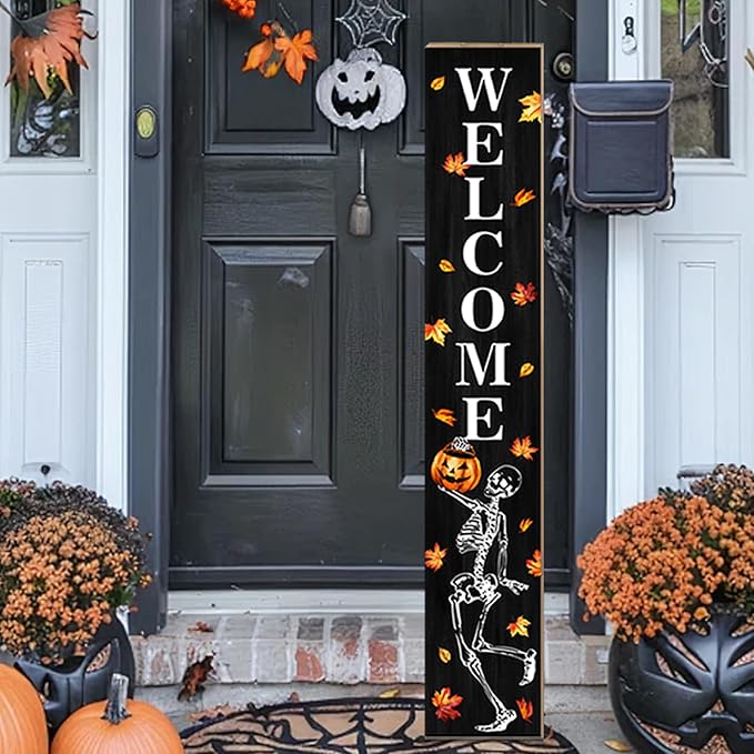Funny Skull Porch Sign Halloween Skeleton Welcome Sign for Patio, Fall Decorations Wooden Front Door Signs Outdoor Pumpkin Standing Yard Sign Seasonal Vertical Signs for Holiday Wall Party Decor