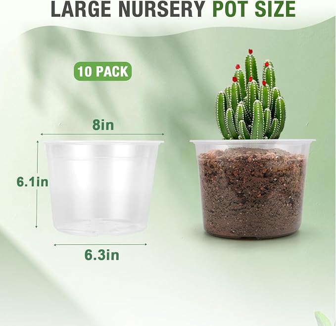 8 Inch Large Clear Nursery Pots with Drainage, 10 Pack Plastic Pots for Plants, Clear Plant Seedling Pots for Indoor & Outdoor Gardening (8 inch)