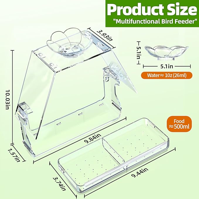 WENMIXER Window Bird Feeder with Non-Marking Self-Adhesive Hooks, Clear and Transparent, Outdoor Wild Bird Watching Gift, Garden Decor (with Large Window)