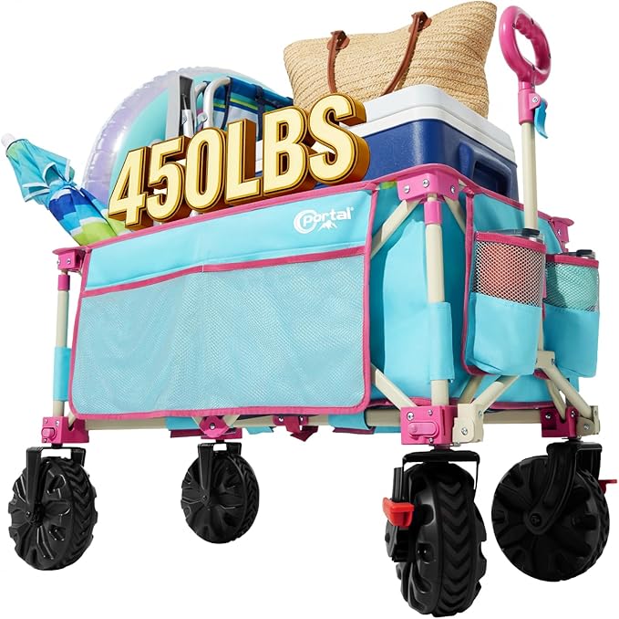 Portal Large Collapsible Wagons Carts, 450 LBs Heavy Duty Beach Wagon with Big Wheels, Foldable Wagon for Beach, Camping, Sports, Grocery