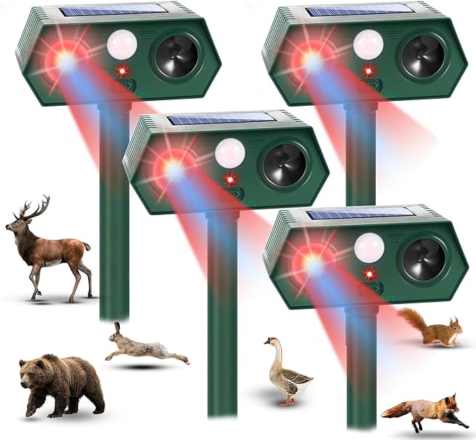 2026 Upgraded Solar Ultrasonic Animal Repellent Outdoor,4Pack Waterproof Deer Repellent Devices with Motion Sensor for Yard,Cat Repellent with Red&Blue LED Flash Lights to Scare Rabbit (Plastic, 4)