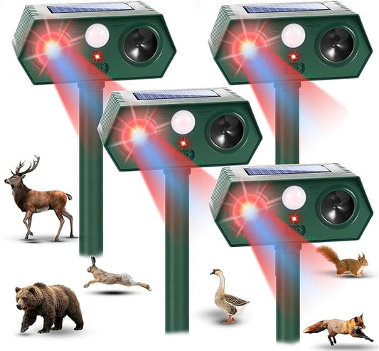2026 Upgraded Solar Ultrasonic Animal Repellent Outdoor,4Pack Waterproof Deer Repellent Devices with Motion Sensor for Yard,Cat Repellent with Red&Blue LED Flash Lights to Scare Rabbit (Plastic, 4)