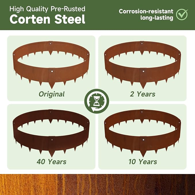 Corten Steel Landscape-40 LX 10" H Metal Garden Edging 20FT Total Rusted Lawn Edging 6 Pcs-No-Dig Hammer Heavy Duty Steel Edging-Bendable Border Strips for Lawn Yard Courtyard Pathway-6 Clips