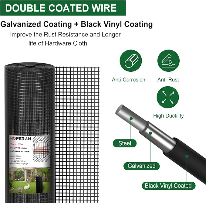HOPERAN Black Hardware Cloth 1/2 inch 36 inch x 50 Foot 19 Gauge - Vinyl Coated Welded Chicken Wire Fencing Mesh, PVC Wire Fence Roll for Garden Fence, Gopher Wire and Poultry Netting Cage