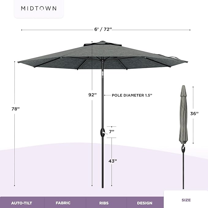 Midtown Umbrellas - 10-Year-No-Fade 6 Ft Patio Umbrella with Terylast Fabric, Auto-Tilt Aluminum Frame and 8 Reinforced Ribs for Deck, Pool, Garden & Beach - Greige Canopy, Black Pole