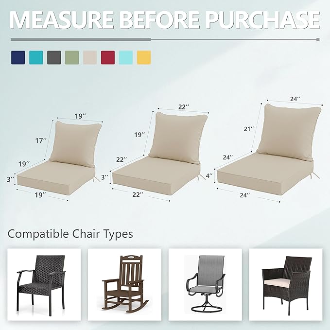 19x19 Inch Patio Chair Cushions Set of 2, Outdoor Furniture Cushions - Removable Cover, Water-Repellent, Fade-Resistant, Non-Slip Bottom & Straps, Replacement for Lawn, Porch & Deck Chair - Cream