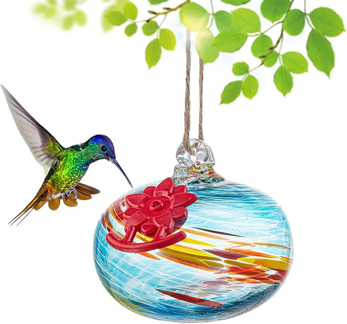 QFkris Blown Glass Hummingbird Feeder for Outdoors Hanging, Small Hummingbird Feeder with Flower Feeding Ports for Outside Garden Backyard Decor, Gifts for Women Mom(Blue)