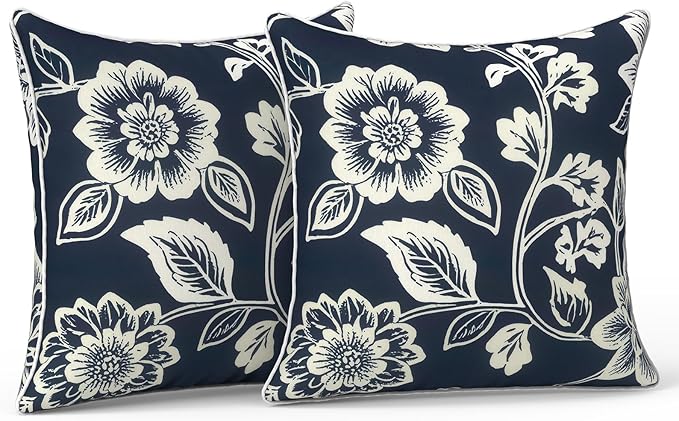 LVTXIII Outdoor/Indoor Throw Pillows, Decorative Patio Accent Pillows, Fluffy Water Repellent Garden Cushions for Home Patio Coach Sofa Use, 16×16 Inch, Pack of 2, Elegant Vines Navy