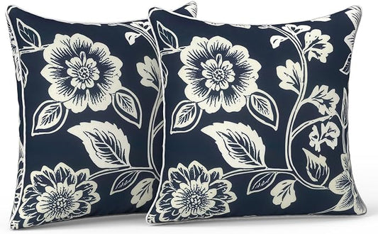 LVTXIII Outdoor/Indoor Throw Pillows, Decorative Patio Accent Pillows, Fluffy Water Repellent Garden Cushions for Home Patio Coach Sofa Use, 16×16 Inch, Pack of 2, Elegant Vines Navy