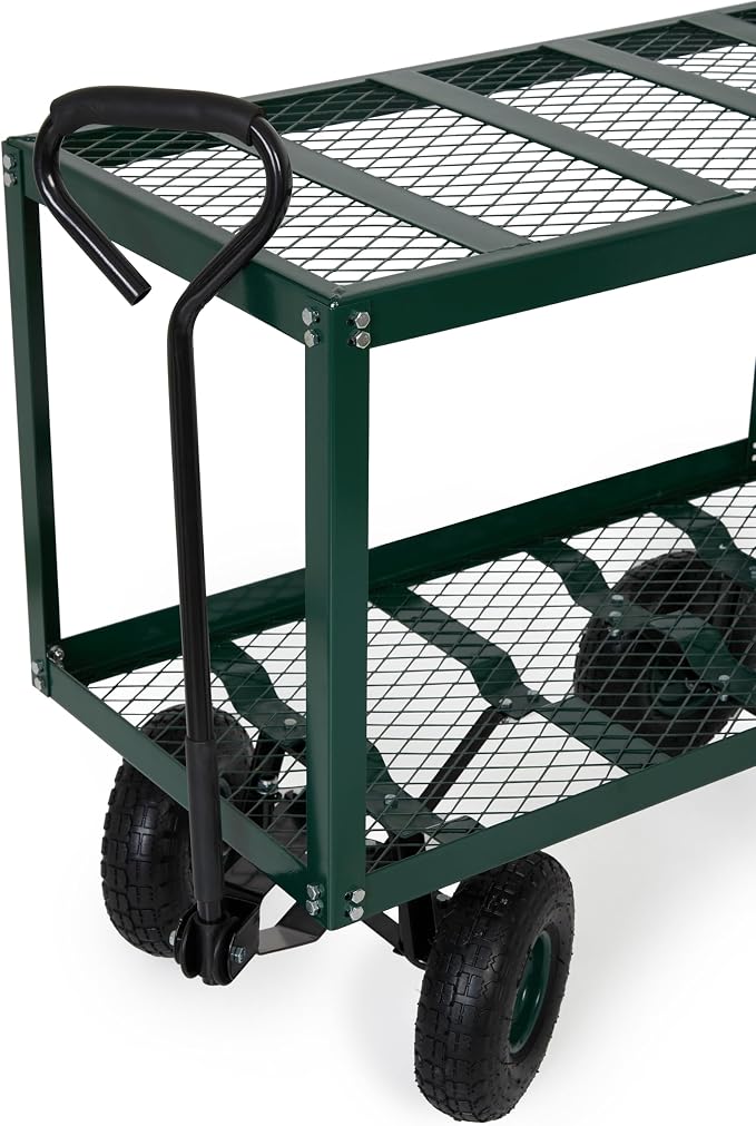 Backyard Expressions 2 Tier Garden Cart, 600 lb Total Capacity, Outdoor Utility Cart with Wheels, Steel Mesh Shelves, Pneumatic Tires, Pull Handle Rolling Wagon for Yard & Lawn