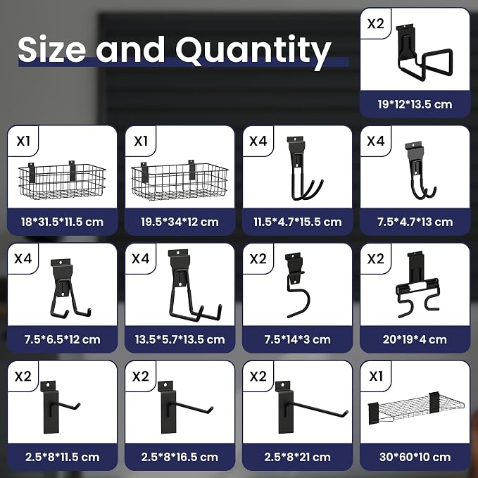 Smartstandard 31PCS Slatwall Accessories, Includes 2PCS Single S Hook, 2PCS Double S Hook, 2PCS Wall Baskets, 2PCS Hose Hook, 1PC Shelf and 22PCS Multi Shapes(J/U/Straight) Hooks, Accessory for Garden