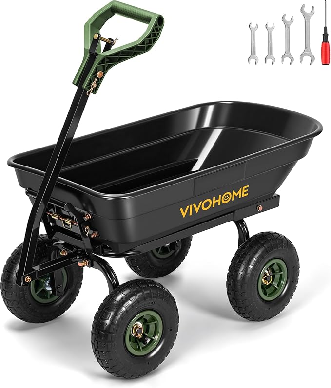 VIVOHOME 4 Cu.Ft 660lbs Wheelbarrow Garden Cart Dump Wagon with 2-in-1 Convertible Handle Attach to ATV or Tractor, 10" All Terrain Wheels, Quick Release System, Heavy Duty Utility Trailer for Yard