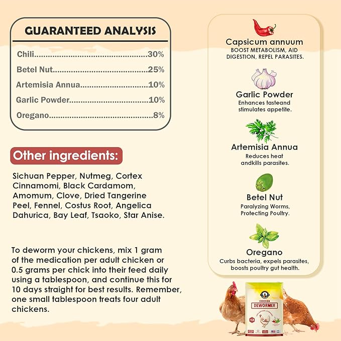 Natural Chicken Dewormer Powder, Chili Mix Formula, 1LB XL Pouch, Poultry Wormer for Laying Hens, Egg Safe, Gut Health Support, US-Made for Backyard Flocks