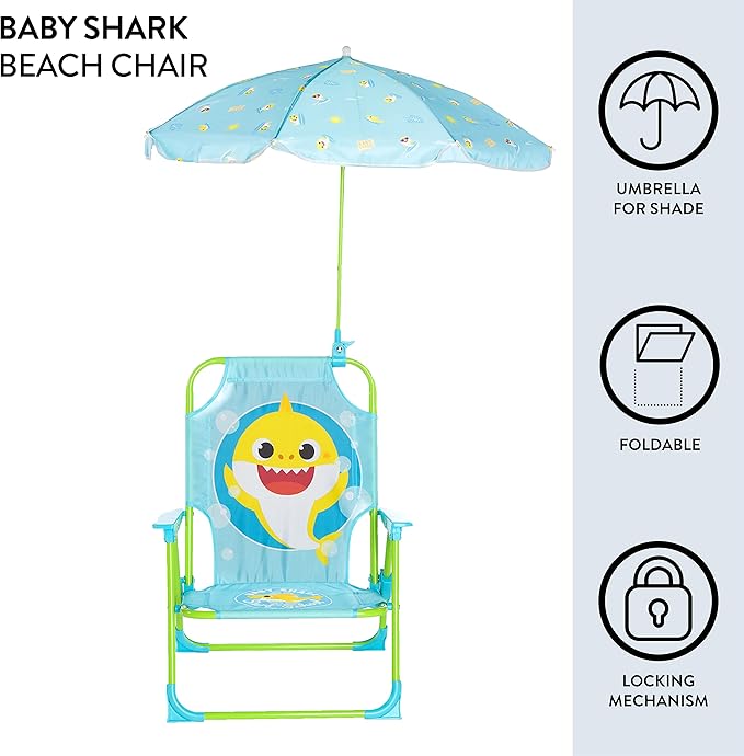 Idea Nuova Baby Shark Kids Outdoor Chair with Umbrella - Adjustable, Portable, Perfect for Beach or Pool