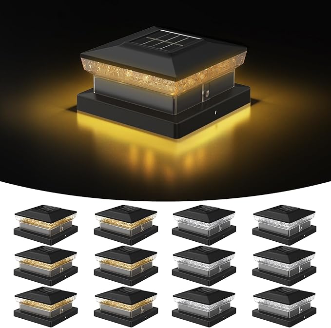 Solar Post Cap Light 4x4/5x5 – 12 Pack, Dual Color, 800mAh, 12H Runtime, Auto Dusk-to-Dawn On/Off, Black