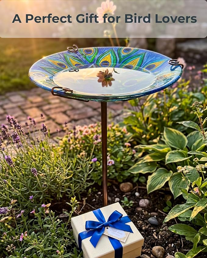 Peacock Bird Bath for Outside Glass Birdbath Bowl & Birdfeeder with Metal Stake for Garden, Yards Lawn Patio, Bird Lovers Gift 10.5" D