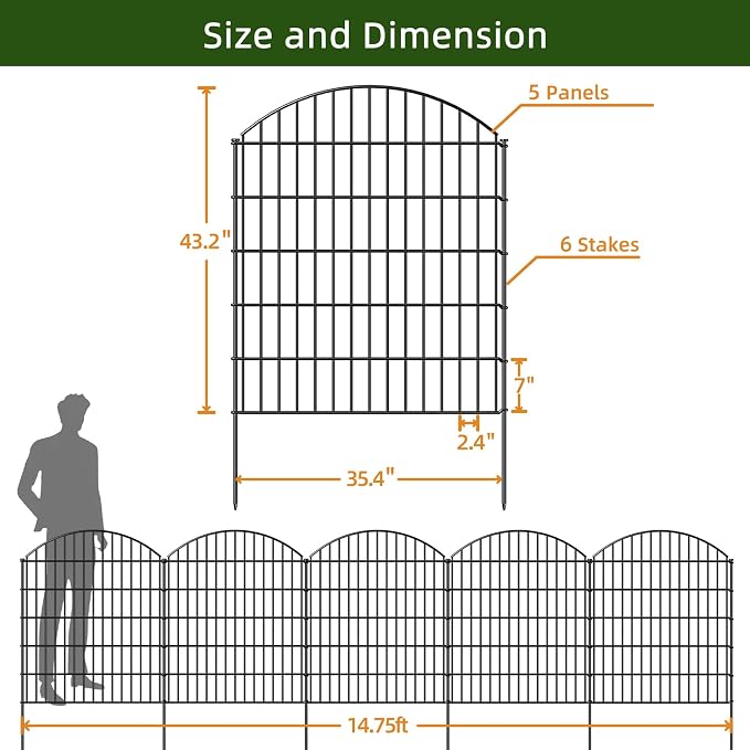 FOREHOGAR Heavy Duty Metal Garden Fence Outdoor CTW3643, 43.2in H x 14.75 ft L, No Dig Temporary Dog Fence Border Fencing for Yard Patio Landscape Flower Bed,5 Panels + 6 Stakes, Black