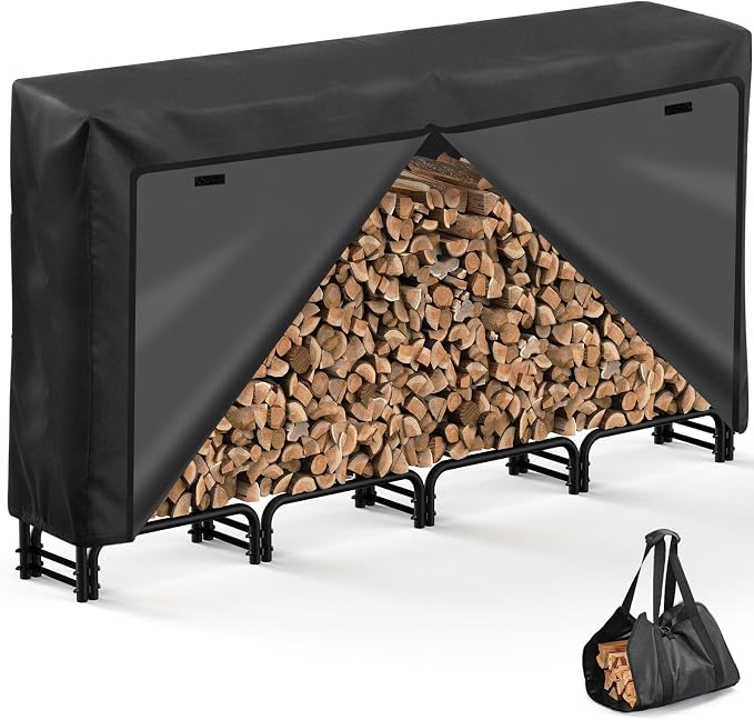 8FT Firewood Rack with Cover Outdoor, Heavy Duty Wood Storage Rack with 600D Oxford Waterproof Full Cover for Fireplace, Patio, Deck, 1/2 Cord Log Holder with Firewood Carry Bag
