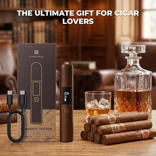 GLENCREAG Single Probe Cigar Hygrometer, Rechargeable Digital Humidity Meter with LED Light, Precision Moisture Tester for Humidors, Ideal Gift for Cigar Collectors, Enthusiasts, or Men