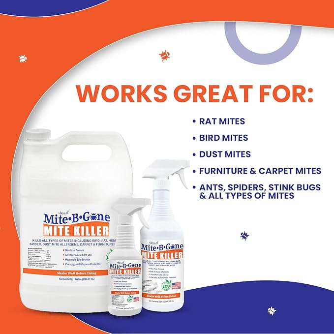 Mite Killer Spray - 1 Gal Natural Mite Treatment Kills Human, Dust, Chicken, Poultry, Bird, Carpet & Rat Mites in Homes and Farm | Family & Pet Safe by Mite-Be-Gone