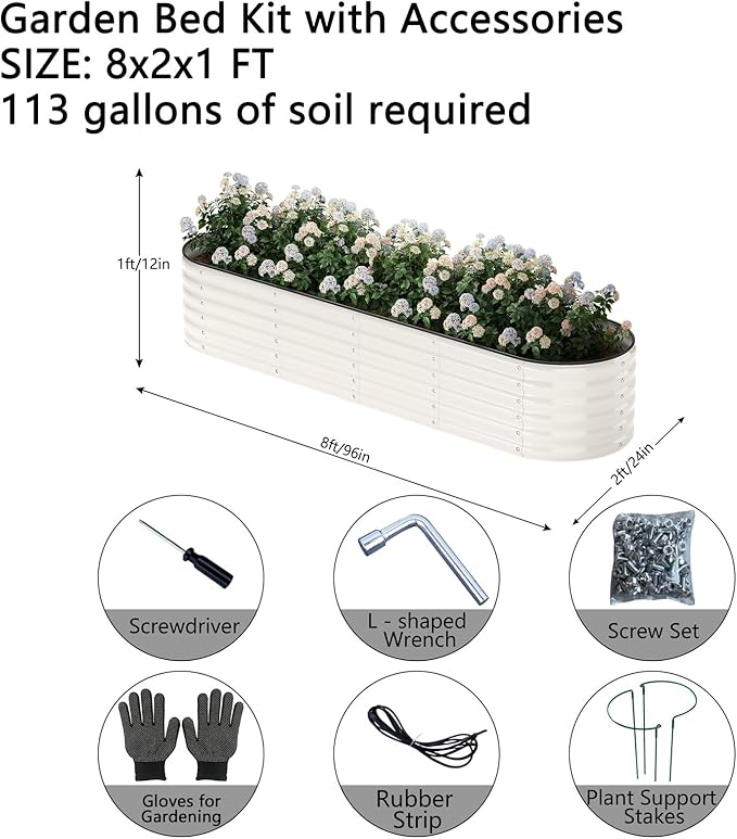 ZFHgarden Galvanized Metal Planter Round Raised Garden Bed Kit for Gardening Outdoor Garden Box Raised Flower Bed 1PC White 8X2X1FT