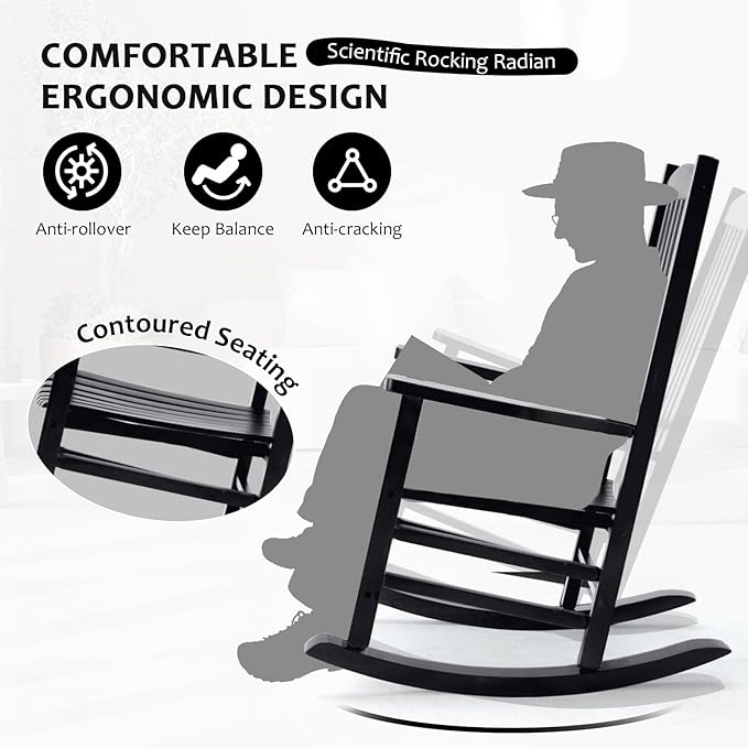 Hupmad Wooden Rocking Chair Outdoor Oversized Porch Rocker Chair,Patio Wooden Rocker with High Back and Armrest,All Weather Rocker Slatted for Backyard,Garden,400 lbs Support,Black