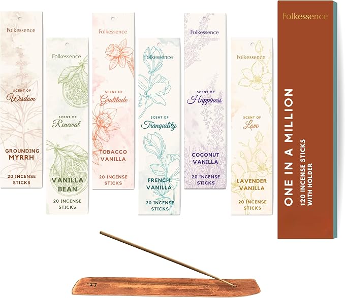 Folkulture Incense Sticks with Holder (120 Sticks) | Set of 6 Incense Sticks for Room Freshener, Aromatherapy | No Charcoal, Organic, Non Toxic, Citrus & Vanilla Fragrance