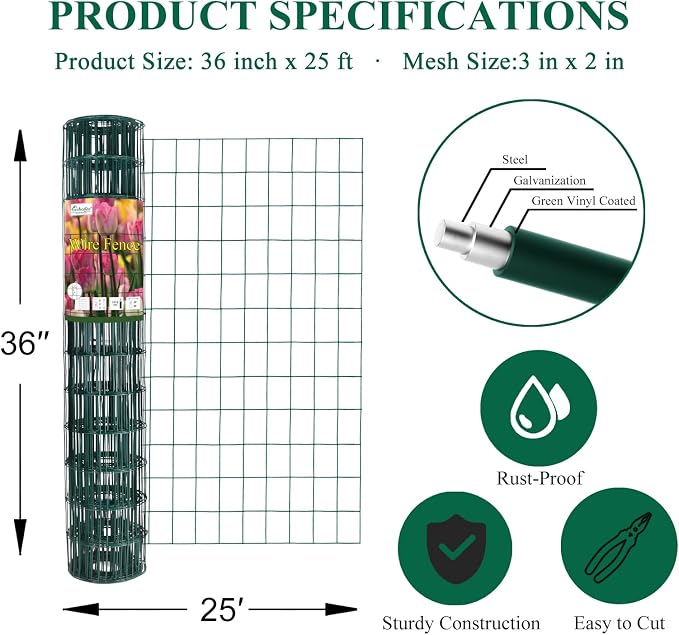 FOREHOGAR Green PVC Coated Welded Wire Fence 36 Inch x 25 Foot, 2 Inch x 3 Inch 16GA, Garden Border Fencing Roll Vinyl Coating Metal Wire Mesh for Yard Vegetable Plant Protection Poultry Netting