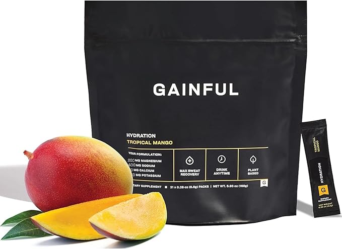 Gainful Hydration Powder Packets, Caffeine Free with Key Electrolytes Magnesium and Sodium, Energy Support, Low Sugar, Tropical Mango, 21 Sticks