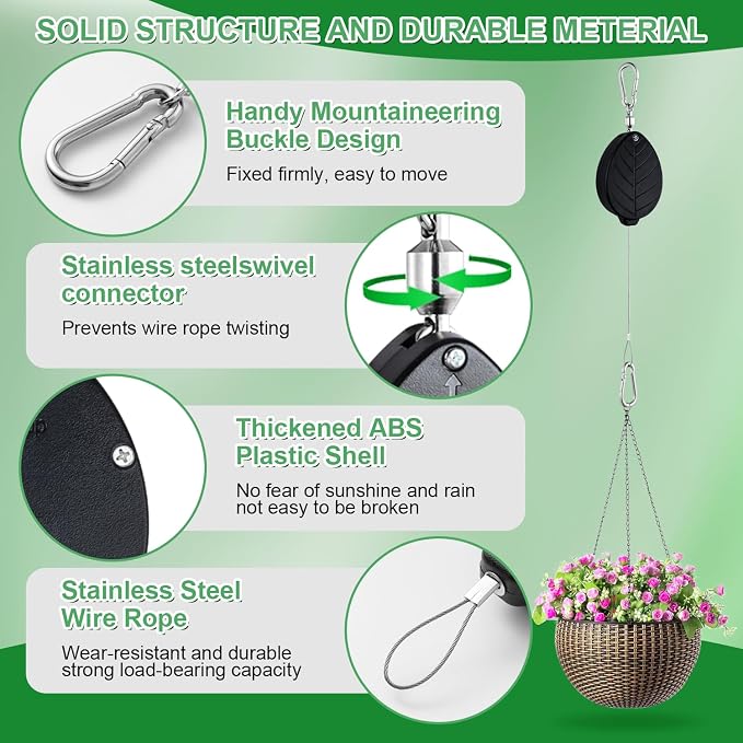 Heavy Duty Retractable Plant Hangers, Adjustable Pull-Down Pulleys with 63" Stainless Steel Rope, Double Hooks for Hanging Plants, Bird Feeders, Planters & Pots, Indoor & Outdoor Use (3Pcs- Black)
